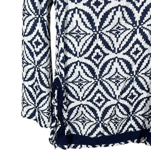 CYNTHIA Rowley Womens Sz M Blue White Geometric Boho Tunic Top - Picture 4 of 6